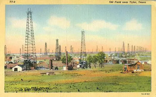 Postcard showing a portion of the East Texas Oilfield near Tyler. Source: https://www.tshaonline.org/handbook/entries/east-texas-oilfield
