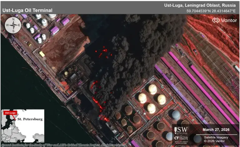 Ukrainian forces continued their long-range strike campaign against Russian oil infrastructure near the Baltic Sea on the night of March 26 to 27, marking the fourth strike in five days against Russian oil infrastructure in Leningrad Oblast.