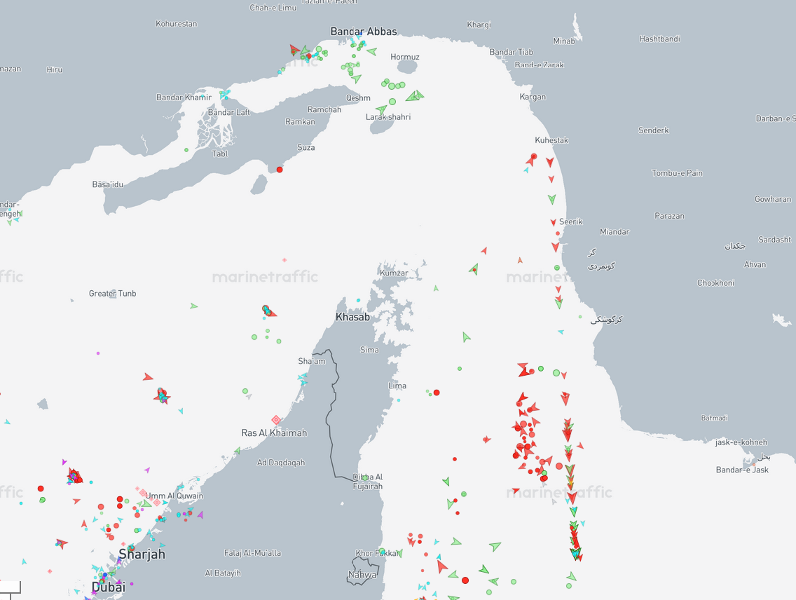 Ship traffic avoiding the Strait of Hormuz, March 12, 2026. Source: https://www.marinetraffic.com/en/ais/home/centerx:56.8/centery:26.3/