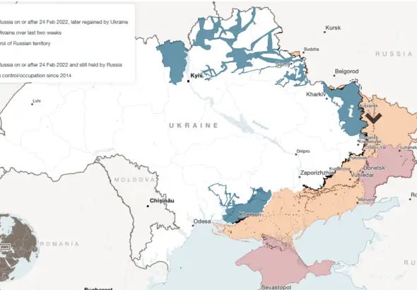 Data for this map is taken from the Ukrainian OSINT DeepState project, a live map of Russian and Ukrainian military operations maintained since April 2022.