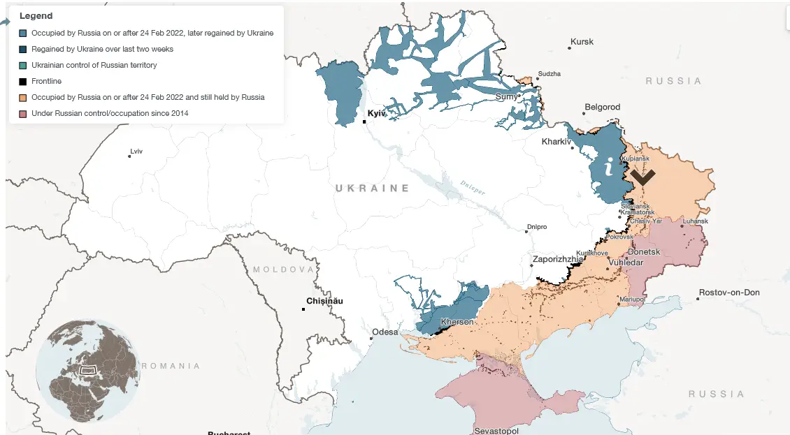 Data for this map is taken from the Ukrainian OSINT DeepState project, a live map of Russian and Ukrainian military operations maintained since April 2022.