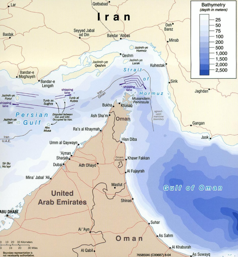 Strait of Hormuz (2004), in the public domain as a work prepared by an officer or employee of the United States Federal Government as part of that person’s official duties