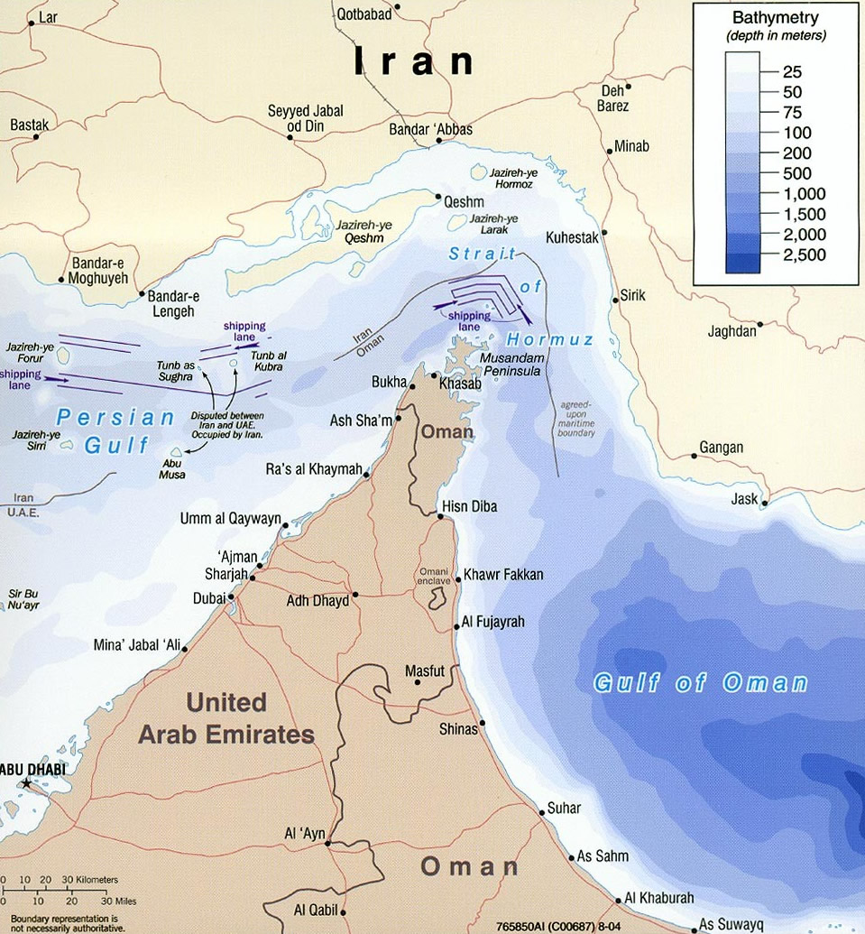 Strait of Hormuz (2004), in the public domain as a work prepared by an officer or employee of the United States Federal Government as part of that person’s official duties