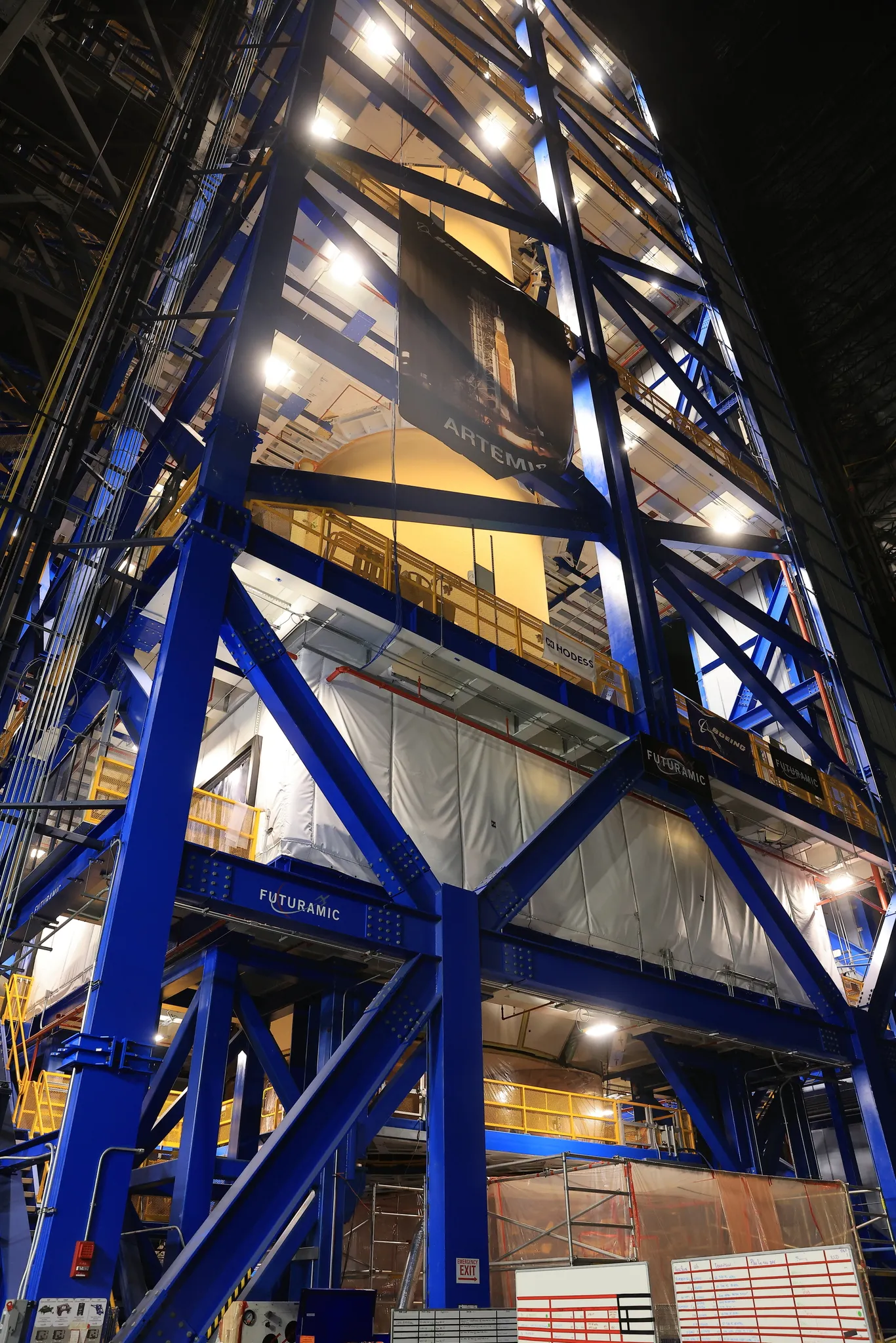 The Artemis III core stage sits in High Bay 2 in the Vehicle Assembly Building at NASA Kennedy with the core stage tank attached to its engine section on May 12, 2026. Credit: NASA/Kim Shiflett