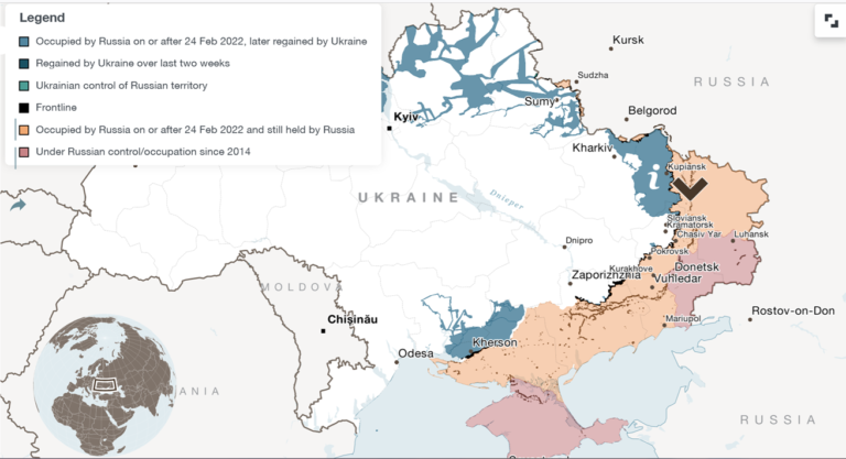 Data for this map is taken from the Ukrainian OSINT DeepState project, a live map of Russian and Ukrainian military operations maintained since April 2022. The data is automatically updated here. Source: https://www.crisisgroup.org/visual-explainers/ukraine-war-map-tracking-frontlines