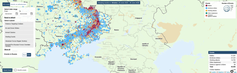 Interactive map of the political violence events in Ukraine since the start of the Russian invasion on 24 February 2022. Source: https://acleddata.com/monitor/ukraine-conflict-monitor