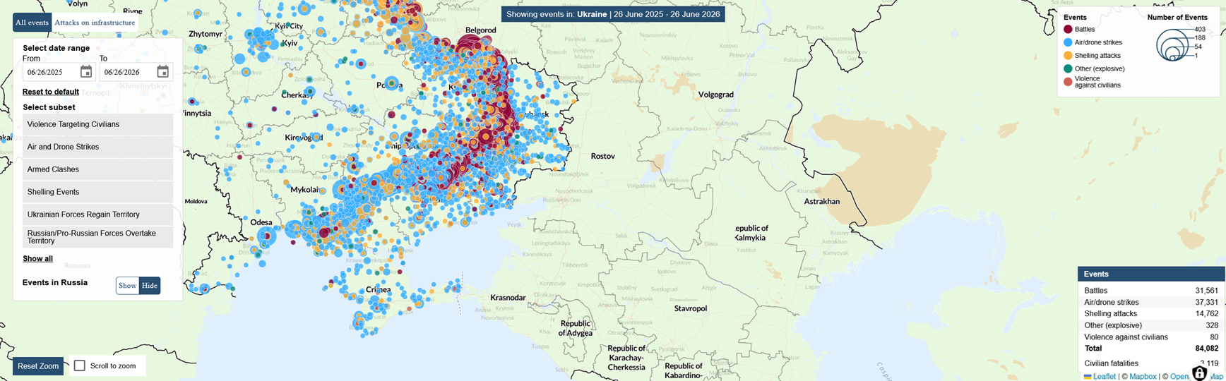 Interactive map of the political violence events in Ukraine since the start of the Russian invasion on 24 February 2022. Source: https://acleddata.com/monitor/ukraine-conflict-monitor
