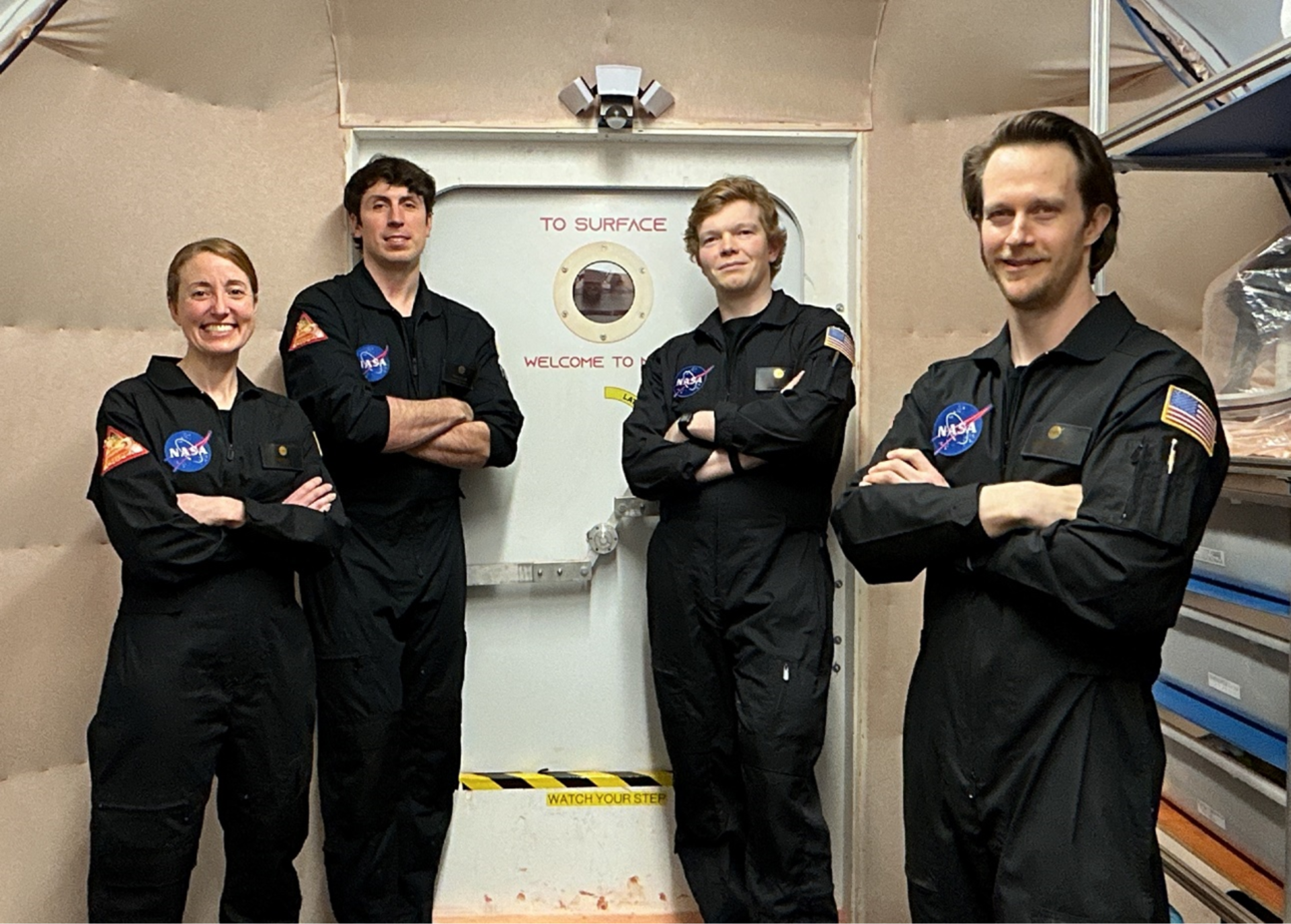 The CHAPEA (Crew Health and Performance Exploration Analog) mission 2 crew, commanded by Ross Elder and with medical officer Ellen Ellis, science officer Matthew Montgomery, and flight engineer James Spicer, entered the 3D-printed habitat last year at NASA’s Johnson Space Center in Houston on Oct. 19. They will exit in about six months on Oct. 31. Members of NASA’s CHAPEA (Crew Health and Performance Exploration Analog) mission 2 pose for a group photo. (From left to right: Ellen Ellis, Ross Elder, James Spicer, and Matthew Montgomery) Credit: NASA