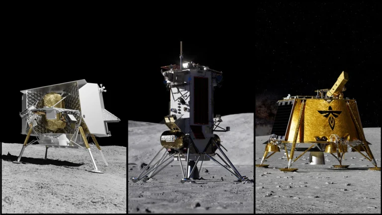 Three artist renderings depict commercial lunar landers from Astrobotic, Intuitive Machines, and Firefly on the Moon. NASA announced June 30 the landers will deliver more NASA science investigations and technology.demonstrations to the lunar surface for NASA’s Moon Base Program. Credit: Astrobotic/Intuitive Machines/Firefly