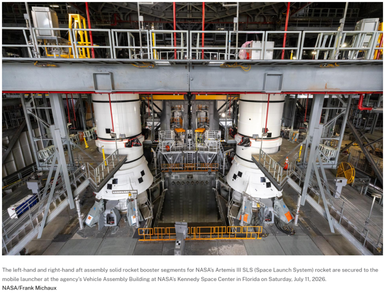 Less than three months after the safe return of the Artemis II crew, teams began stacking the twin SLS (Space Launch System) solid rocket booster segments inside Kennedy’s Vehicle Assembly Building (VAB) in July.