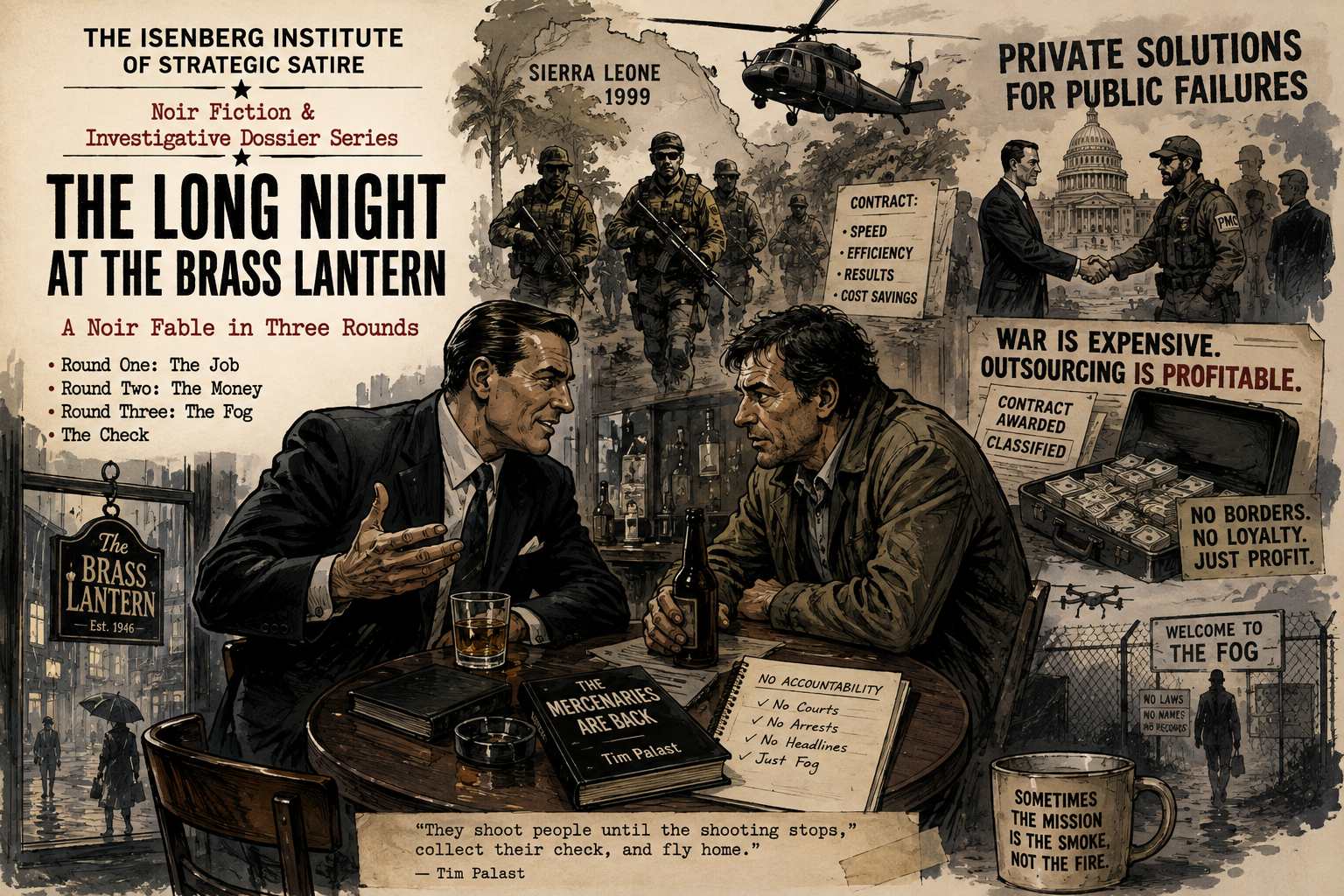 THE LONG NIGHT AT THE BRASS LANTERN
A Noir Fable in Three Rounds
This is AI generated satirical fiction. All characters, dialogue, and events depicted in this briefing are fictional composites created for satirical and analytical purposes. Any resemblance to actual persons, living or dead, or actual events, is used satirically and should not be construed as factual reporting or as an accusation against any real individual or entity. References to real historical events, companies, or geopolitical developments are used for satirical and analytical context only.
