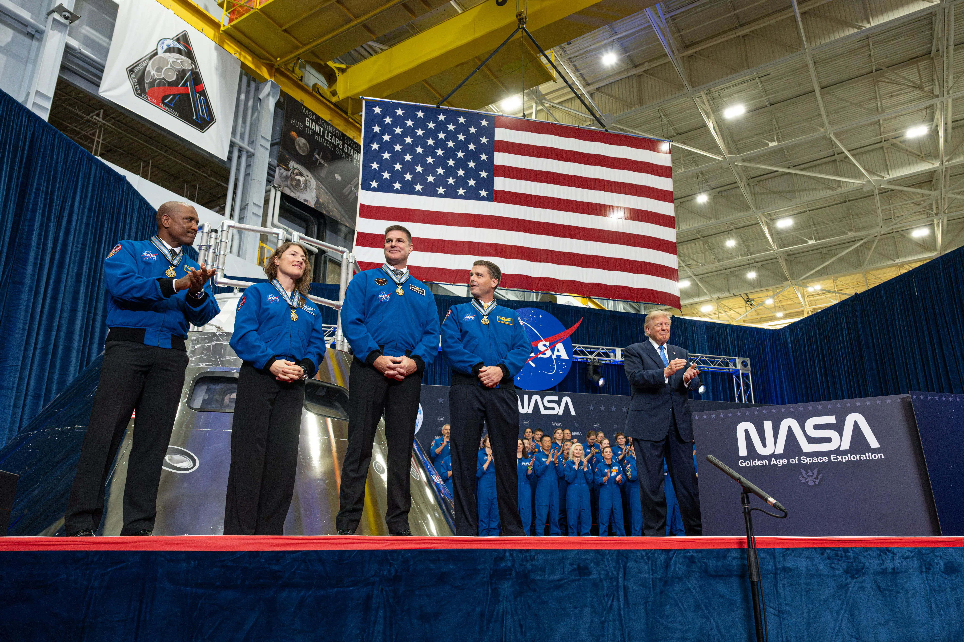 NASA’s Artemis II Crew Receives Congressional Space Medal of Honor: President Donald J. Trump awarded NASA astronauts Victor Glover and Christina Koch, CSA (Canadian Space Agency) astronaut Jeremy Hansen, and NASA astronaut Reid Wiseman with the Congressional Space Medal of Honor on Aug. 28, 2026, at NASA’s Johnson Space Center in Houston. NASA/John Kraus. Source: https://www.nasa.gov/image-article/nasas-artemis-ii-crew-receives-congressional-space-medal-of-honor/