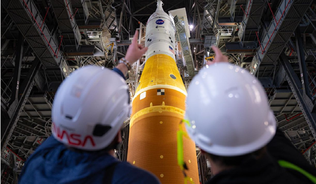 NASA’s SLS (Space Launch System) rocket and Orion spacecraft are seen on Jan. 16, 2026, inside the Vehicle Assembly Building at Kennedy Space Center in Florida. NASA/John Kraus. Source: https://www.nasa.gov/mission/artemis-iii/