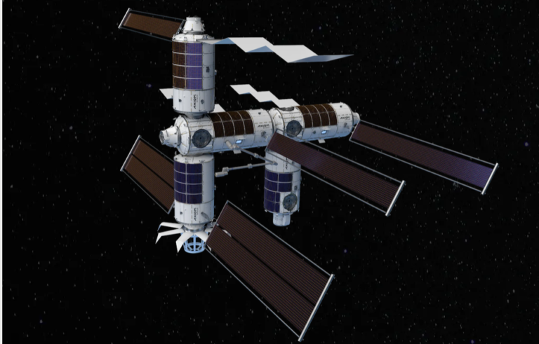 Artist's concept of the AXRMF Research & Manufacturing with Earth Observatory. A research & manufacturing Module that would bring state-of-the-art facilities for innovation into orbit, driving next generation breakthroughs.Source: https://www.axiomspace.com/axiom-station