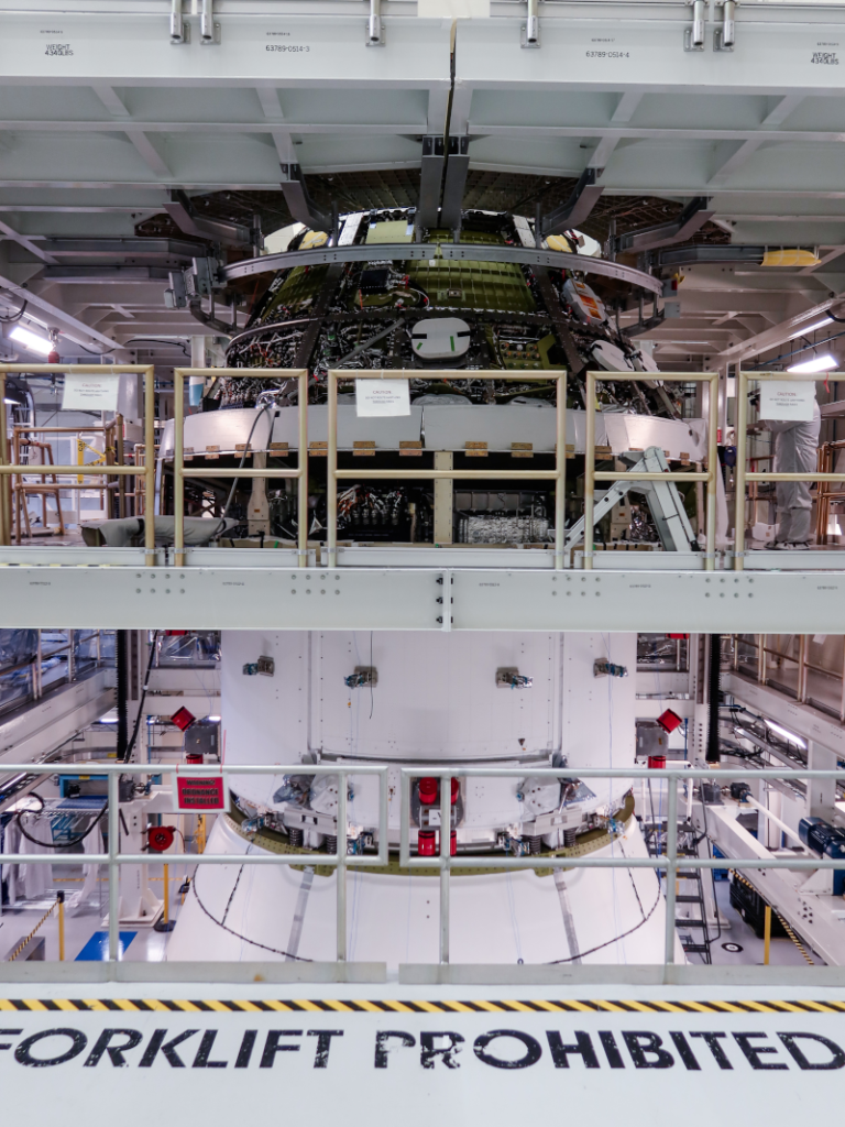 Technicians joined the Orion crew and service modules together on July 30, 2026, inside the Neil Armstrong Operations and Checkout Building at NASA’s Kennedy Space Center in Florida.