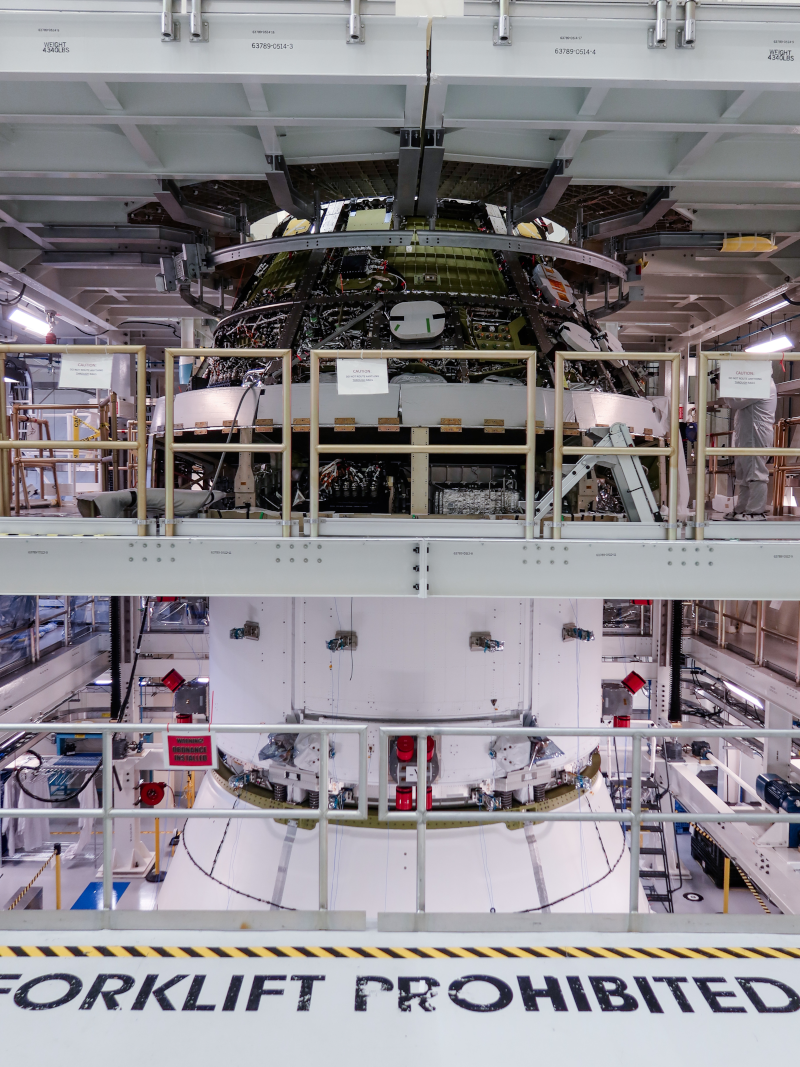 Technicians joined the Orion crew and service modules together on July 30, 2026, inside the Neil Armstrong Operations and Checkout Building at NASA’s Kennedy Space Center in Florida.