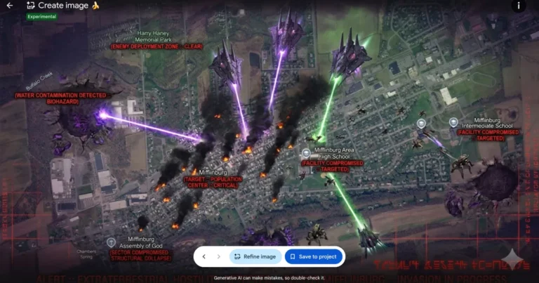 An AI enhanced image accompanying the Futurism news story “Google Pulls Down Feature for AI-Generating Fake Satellite Images on Google Earth After It’s Immediately Used to Fake Terror Attacks.” Source: Google via Futurism https://futurism.com/artificial-intelligence/google-pulls-down-google-earth-ai-feature