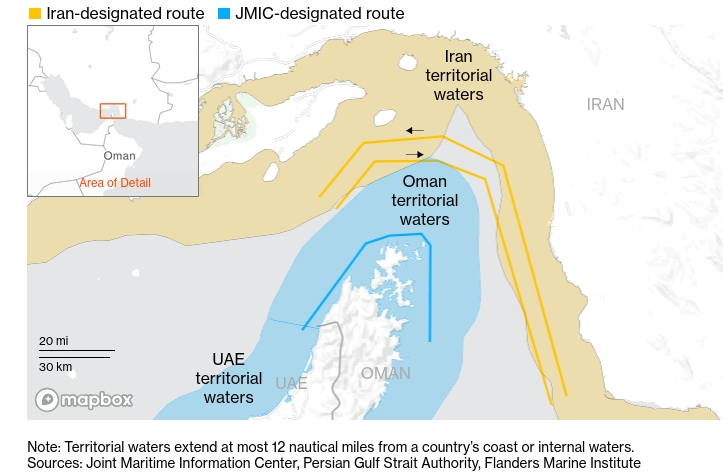 Territorial waters extend at most 12 nautical miles from a country's coast or internal waters. Source: Joint Maritime Information Center, Persian Gulf Strait Authority, Flanders Marine Institute.