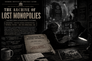 Noir Fiction & Investigative Dossier Series THE ARCHIVE OF LOST MONOPOLIES A speculative dossier on the privatization of sovereignty CONFIDENTIAL — INSTITUTE INTERNAL DISTRIBUTION ONLY SATIRICAL…