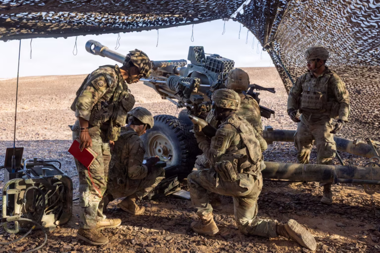 U.S. Army Soldiers Conduct Operations in the Middle East. U.S. Army paratroopers prepare an M119 howitzer for a fire mission during a field artillery live-fire exercise in the Middle East. The exercise validated capabilities, demonstrating the synchronized lethality required to systematically target and degrade adversaries in multi-domain combat operations. (U.S. Army photo) Source: https://www.centcom.mil/MEDIA/IMAGERY/