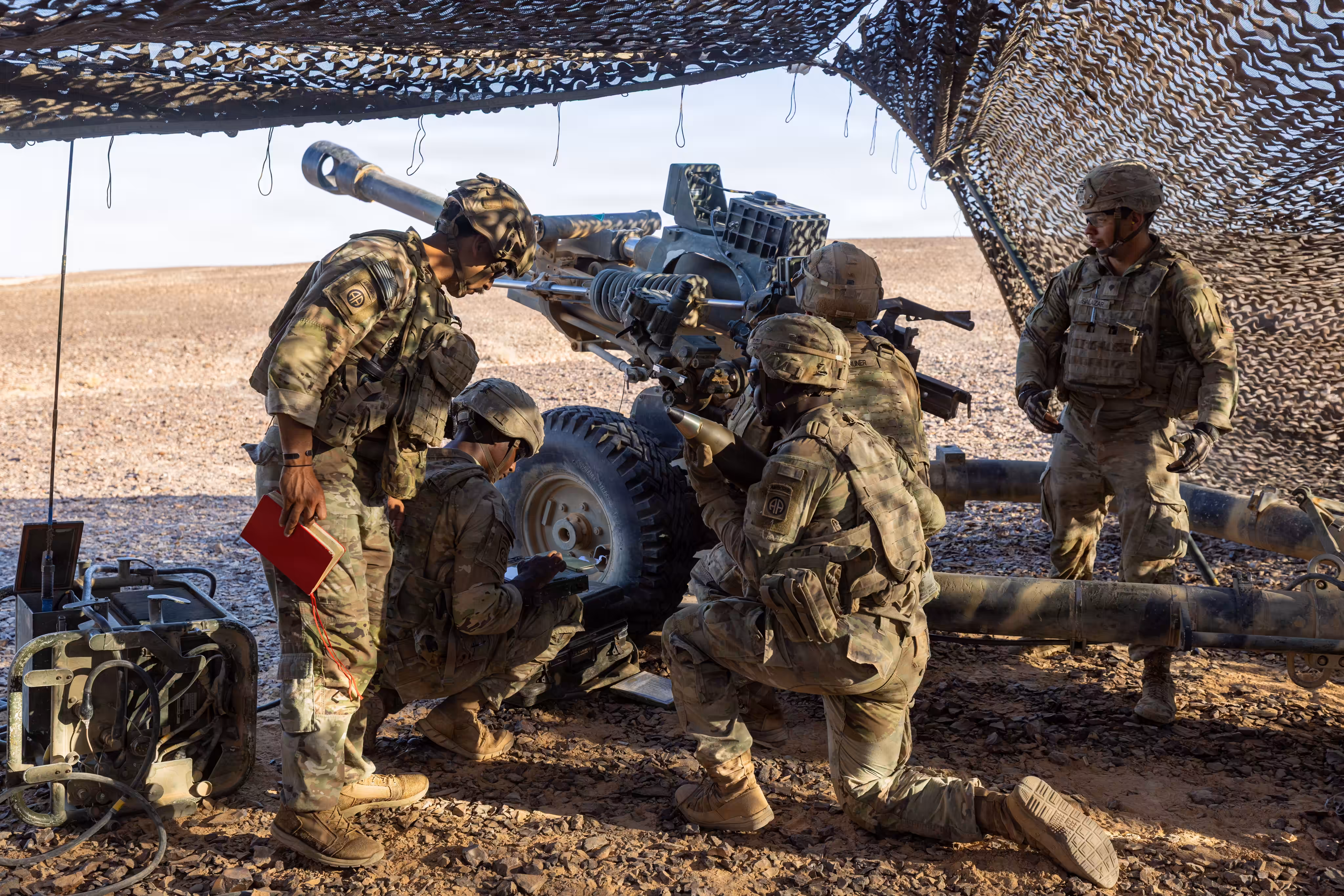 U.S. Army Soldiers Conduct Operations in the Middle East. U.S. Army paratroopers prepare an M119 howitzer for a fire mission during a field artillery live-fire exercise in the Middle East. The exercise validated capabilities, demonstrating the synchronized lethality required to systematically target and degrade adversaries in multi-domain combat operations. (U.S. Army photo) Source: https://www.centcom.mil/MEDIA/IMAGERY/