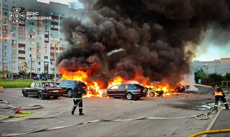 Firefighters battle a blaze following Russian attacks in the Bucha district near Kyiv on Aug. 28, 2026. (Ukraine's Emergency Service) Source: https://kyivindependent.com/kyiv-records-13-air-raid-alerts-in-single-day-most-since-full-scale-invasion-as-explosions-continue-overnight