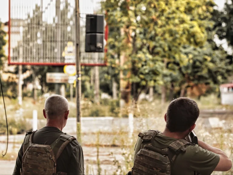 Two Ukrainian Marines from the 34th Marine Brigade “Borysfen,” part of a mobile air-defense team, watch for Russian drones from a position in Kherson’s Red Zone. Kherson, Ukraine, Aug. 3, 2026. (Photo by Korbinian Leo Kramer) Source: https://www.kyivpost.com/post/83134