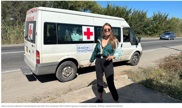Alina Holovko delivers humanitarian aid with the Ukrainian NGO Dobra Sprava in eastern Ukraine. (Photo: David Kirichenko). Source: https://www.kyivpost.com/post/80005