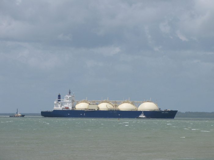 LNG Marine Transport's LNG Carrier Alto Acrux operated by NYK Line departing Darwin Harbour after taking on a load of gas from Darwin's Wickham Point Gas Plant. IMO Number: 9343106 MMSI Number: 308592000 Callsign: C6WG2 Length: 274 m Beam: 49 m. Source: https://commons.wikimedia.org/wiki/LNG_carriers#/media/File:LNG_Carrier_Alto_Acrux_Departing_Darwin_February_2010.jpg
