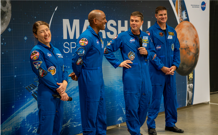 The crew of NASA’s Artemis II mission – NASA astronauts Christina Koch, Victor Glover, and Reid Wiseman and CSA (Canadian Space Agency) astronaut Jeremy Hansen – visited Huntsville, Alabama, Sept. 1, 2026, where they met with the NASA workforce at NASA’s Marshall Space Flight Center. The event gave the crew an opportunity to share firsthand experiences from their mission, reflect on their time in space, and connect with the workforce that supported the mission through an engaging question-and-answer session. Image credit: NASA/Brandon Hancock. Source: https://www.nasa.gov/image-article/artemis-ii-crew-at-nasa-marshall/