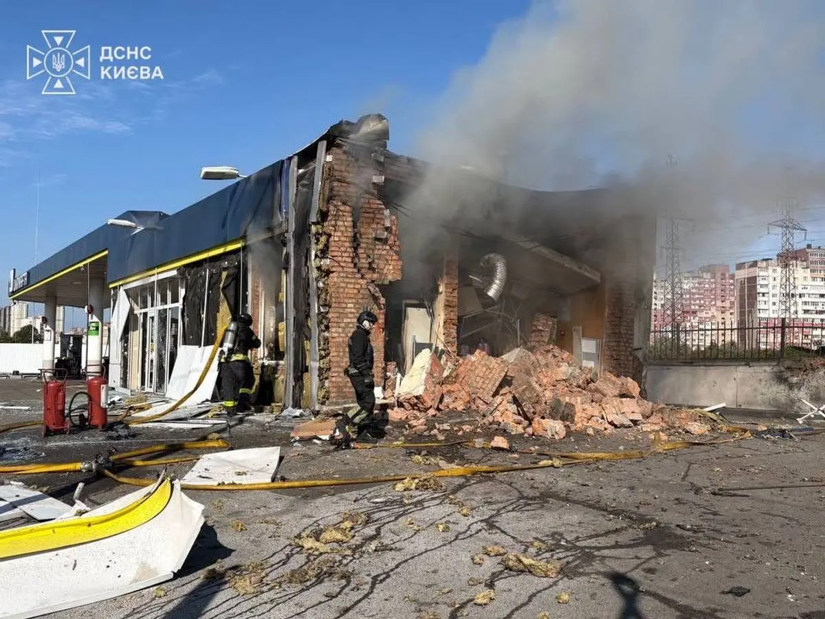 A Russian drone hits a gas station in Kyiv on the morning of Sept. 11, 2026. (Ukraine's Emergency Service)