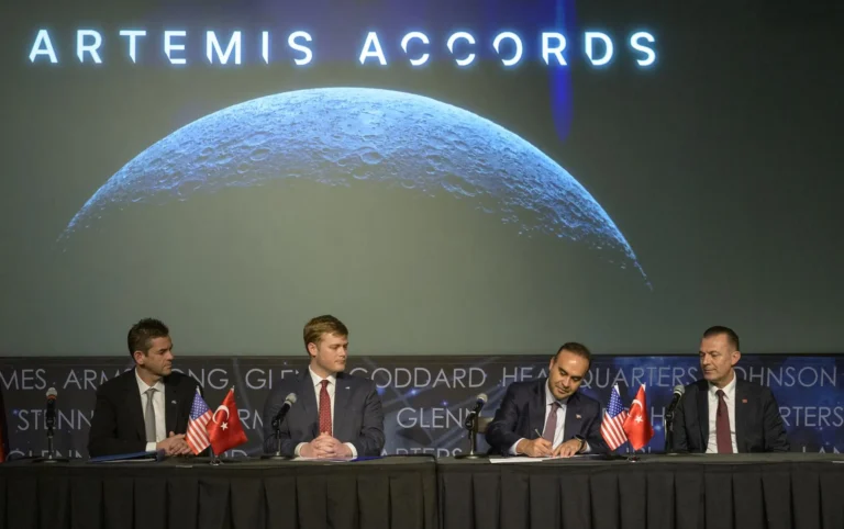 Turkish Minister of Industry and Technology, Mehmet Fatih Kacır, 3rd from left, signs the Artemis Accords for the Republic of Türkiye as NASA Administrator Jared Isaacman, left, U.S. Deputy Assistant Secretary of State for Space and Environment Connor Tomlinson, and Turkish Space Agency President, Yusuf Kıraç, right, look on, Monday, August 31, 2026, at the Mary W. Jackson NASA Headquarters building in Washington.NASA/Bill Ingalls. Source: https://www.nasa.gov/organizations/oiir/artemis-accords/nasa-welcomes-turkiye-as-newest-artemis-accords-signatory/