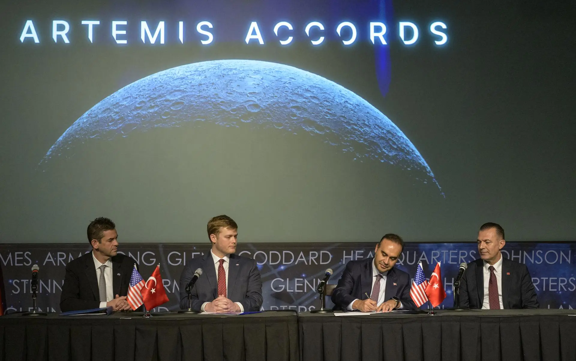 Turkish Minister of Industry and Technology, Mehmet Fatih Kacır, 3rd from left, signs the Artemis Accords for the Republic of Türkiye as NASA Administrator Jared Isaacman, left, U.S. Deputy Assistant Secretary of State for Space and Environment Connor Tomlinson, and Turkish Space Agency President, Yusuf Kıraç, right, look on, Monday, August 31, 2026, at the Mary W. Jackson NASA Headquarters building in Washington.NASA/Bill Ingalls. Source: https://www.nasa.gov/organizations/oiir/artemis-accords/nasa-welcomes-turkiye-as-newest-artemis-accords-signatory/
