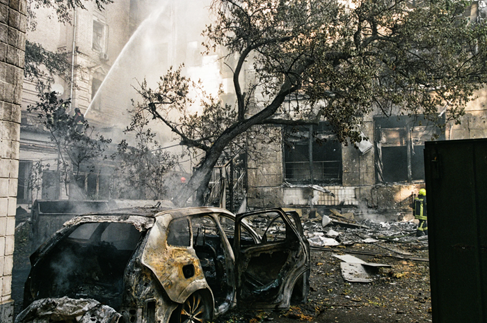 Fire burning at the Dobrobut medical center following a Russian aerial attack on Kyiv on Sept. 28, 2026, amid the Russian invasion of Ukraine. (Photo by Korbinian Leo Kramer) Source: https://www.kyivpost.com/post/85952