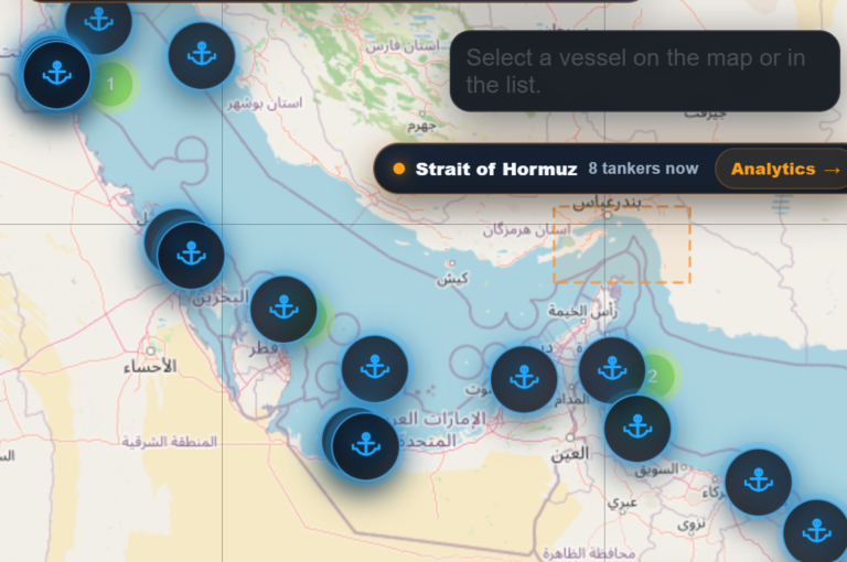 Screen shot of Oct. 1, 2025 of LNG tankers in the region of the Strait of Hormuz. Source: the Live map at https://tankermap.com/