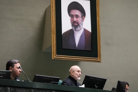 Iranian Parliament Speaker Mohammad Bagher Ghalibaf presides over a parliamentary session, beneath a portrait of Supreme Leader Mojtaba Khamenei, October 25, 2026. Source: https://www.iranintl.com/en/liveblog/202610244311