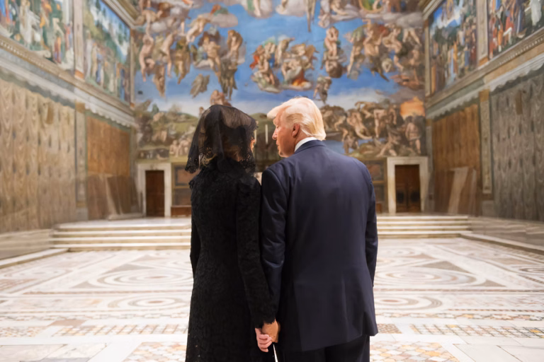 President Donald Trump and First Lady Melania Trump tour the Sistine Chapel following their meeting with His Holiness Pope Francis, Wednesday, May 24, 2017, in Vatican City. Published on February 2, 2021 (UTC) NIKON CORPORATION, NIKON D4, Free to use under the Unsplash License.