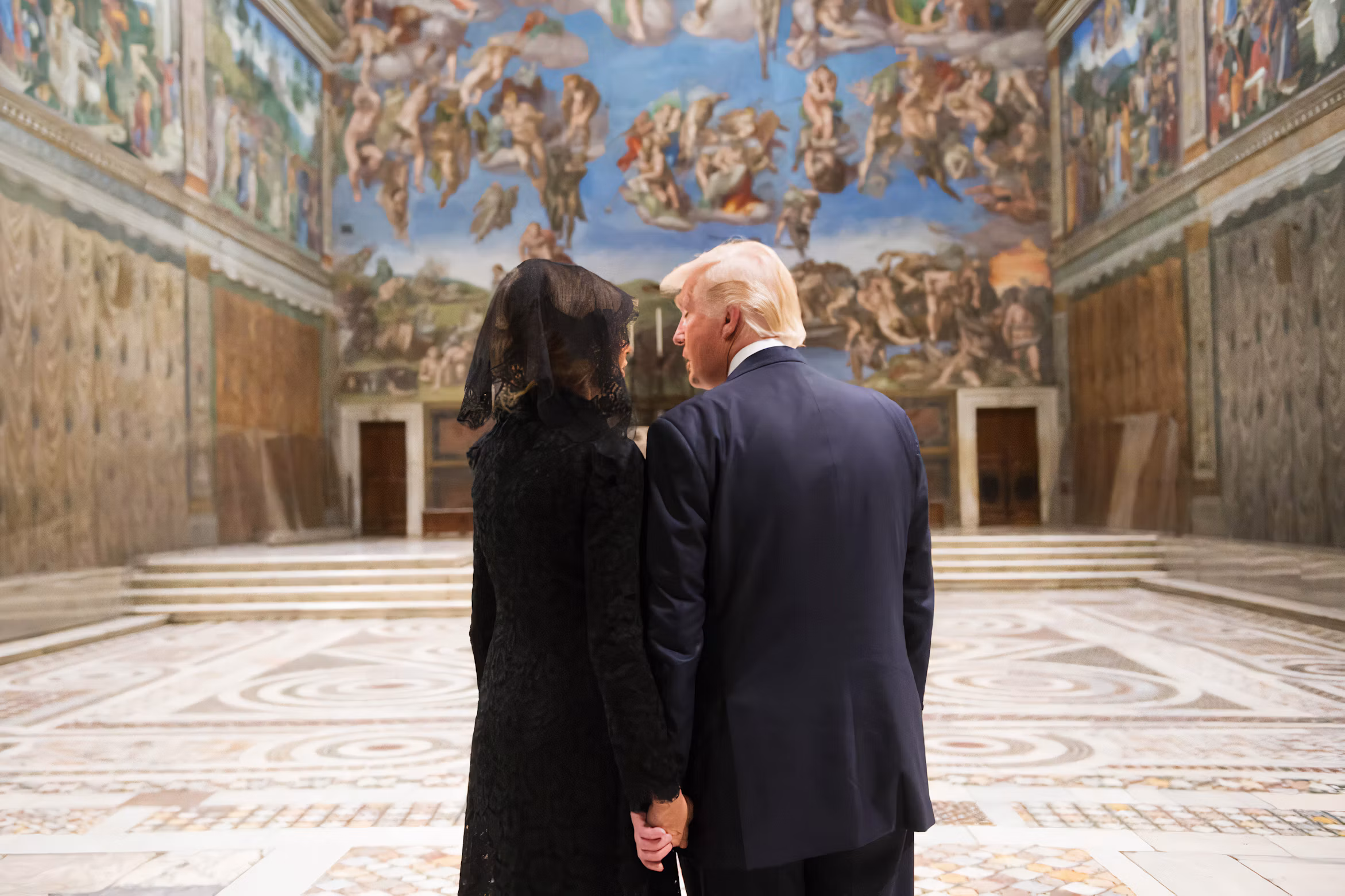President Donald Trump and First Lady Melania Trump tour the Sistine Chapel following their meeting with His Holiness Pope Francis, Wednesday, May 24, 2017, in Vatican City. Published on February 2, 2021 (UTC) NIKON CORPORATION, NIKON D4, Free to use under the Unsplash License.