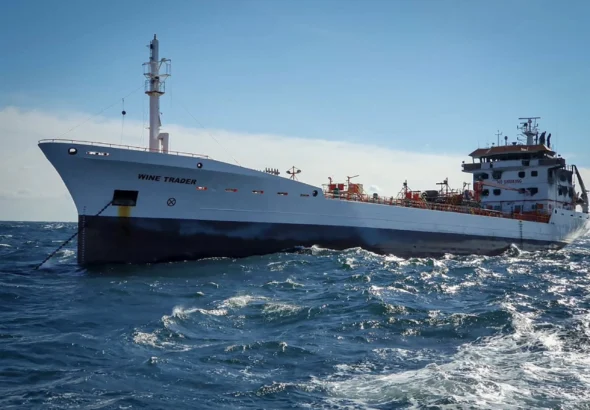A handout picture made available by The Romanian Agency for Saving Human Life at Sea (ARSVOM) shows “Wine trader” ship in the territorial waters of Romania near Sulina, on October 15, 2026. Romanian President Nicusor Dan said drone attacks on vessels in the Black Sea were “unacceptable” and must stop, after two ships were struck off the country’s coast, spillover from Russia’s war with Ukraine. Source: https://www.kyivpost.com/analysis/87288