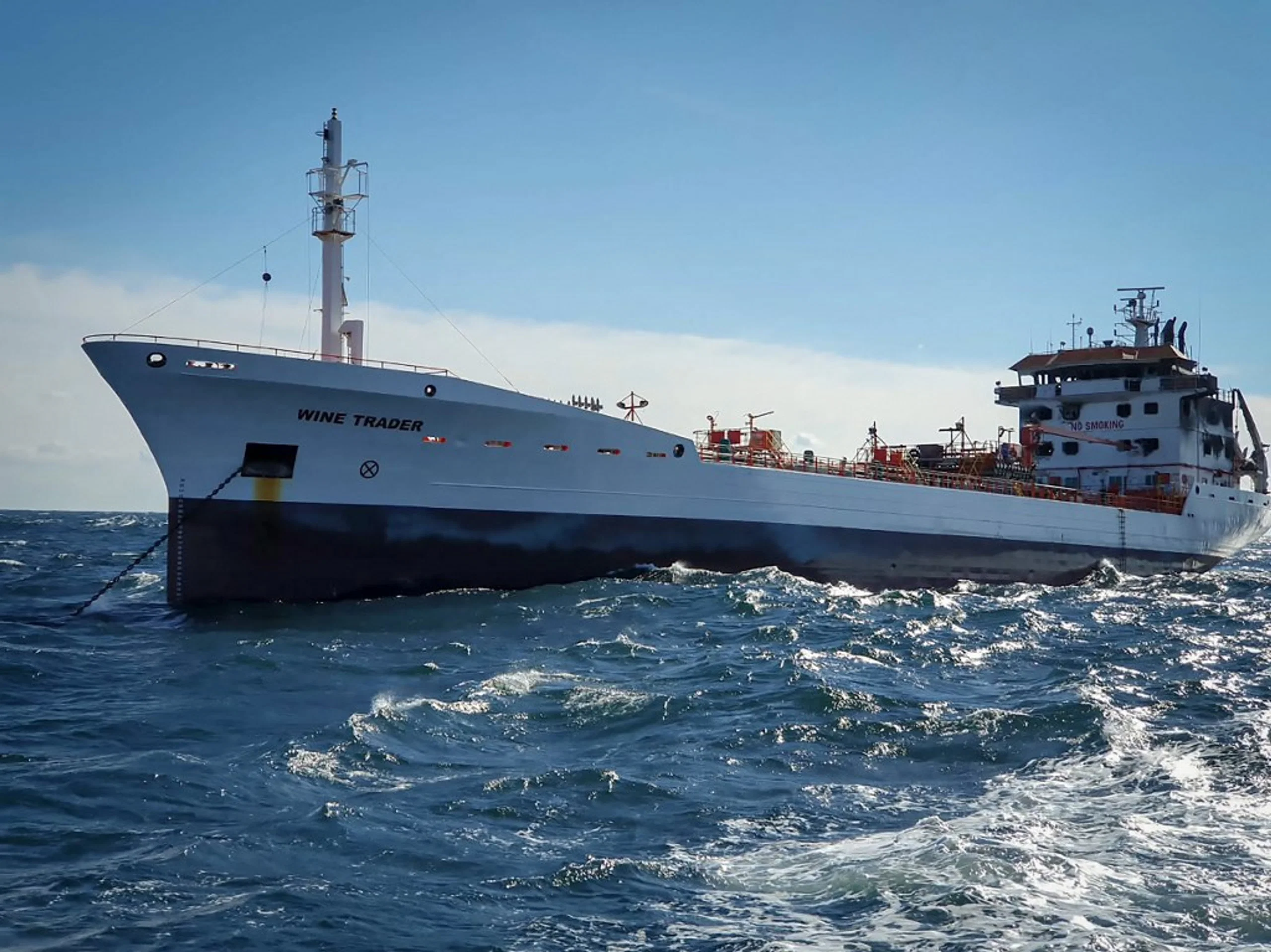 A handout picture made available by The Romanian Agency for Saving Human Life at Sea (ARSVOM) shows “Wine trader” ship in the territorial waters of Romania near Sulina, on October 15, 2026. Romanian President Nicusor Dan said drone attacks on vessels in the Black Sea were “unacceptable” and must stop, after two ships were struck off the country’s coast, spillover from Russia’s war with Ukraine. Source: https://www.kyivpost.com/analysis/87288